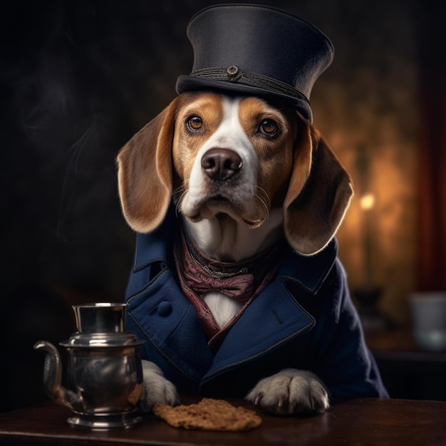 Perro Araffe con sombrero de copa y abrigo sentado en una mesa generativa ai