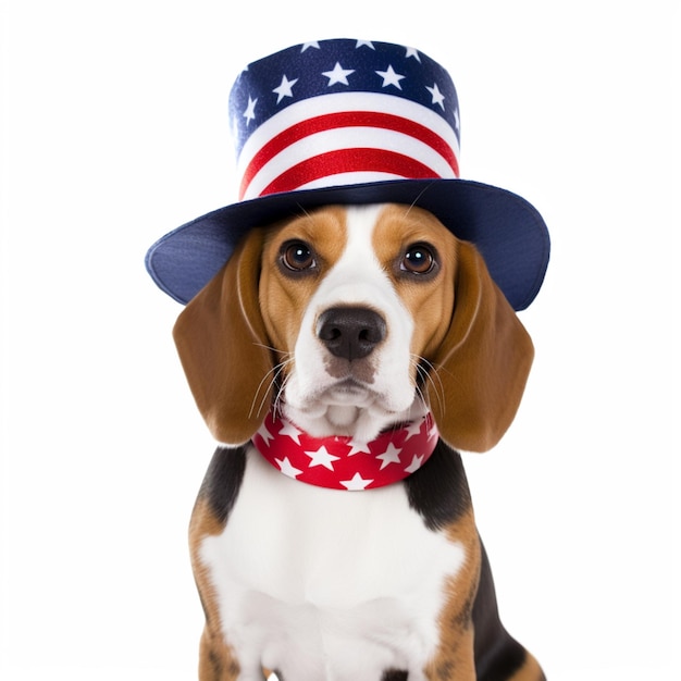 perro araffe con un sombrero patriótico y un pañuelo rojo blanco y azul ai generativo