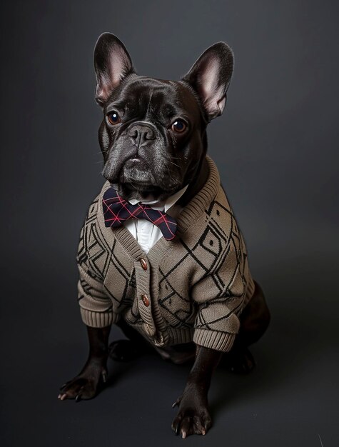 Foto perro araffe con suéter y corbata de papagaio sentado sobre un fondo negro