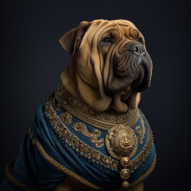 Perro Araffe con un traje azul y dorado con un collar de oro generativo ai