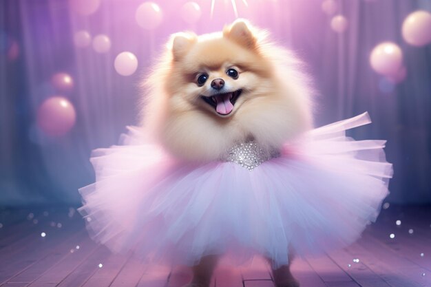 perro araffe con un tutu rosa y un vestido brillante generativo ai