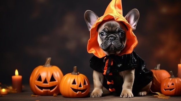 Foto perro araffe vestido con un disfraz de halloween sentado al lado de calabazas generativa ai