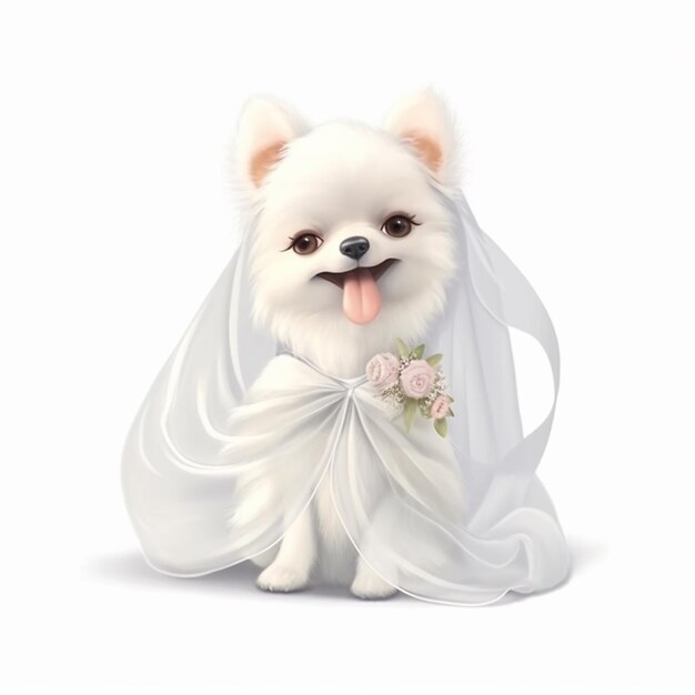 Perro araffe vestido con vestido de novia con velo y decoración floral ai generativo