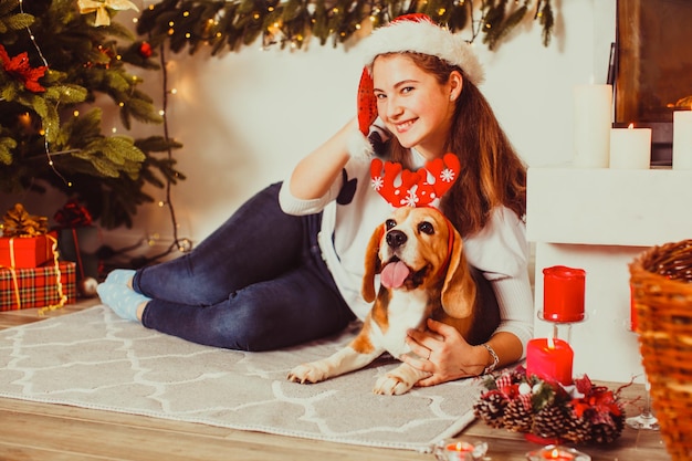 perro bajo el árbol de Navidad en casa, raza Beagle