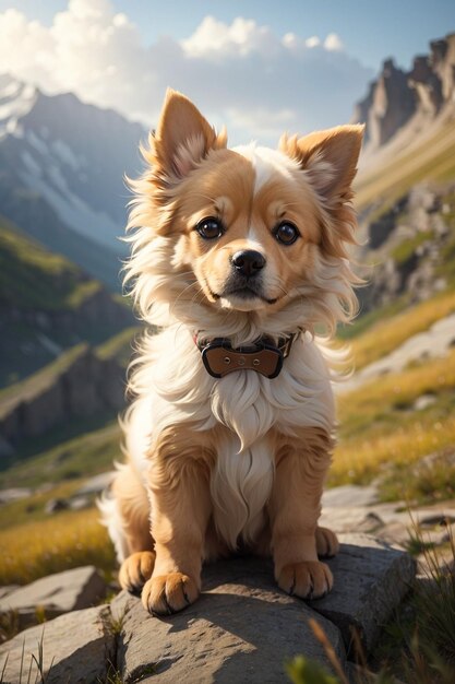 un perro con un arco en el cuello se sienta en una montaña.