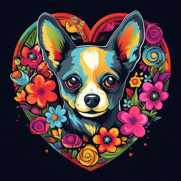 Foto perro arrafado con flores coloridas en forma de corazón generativo ai