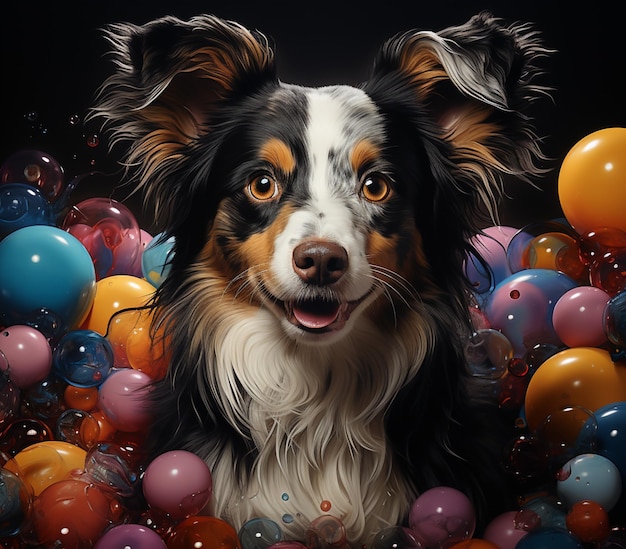 perro arrafado rodeado de muchos globos y bolas de colores generativo ai