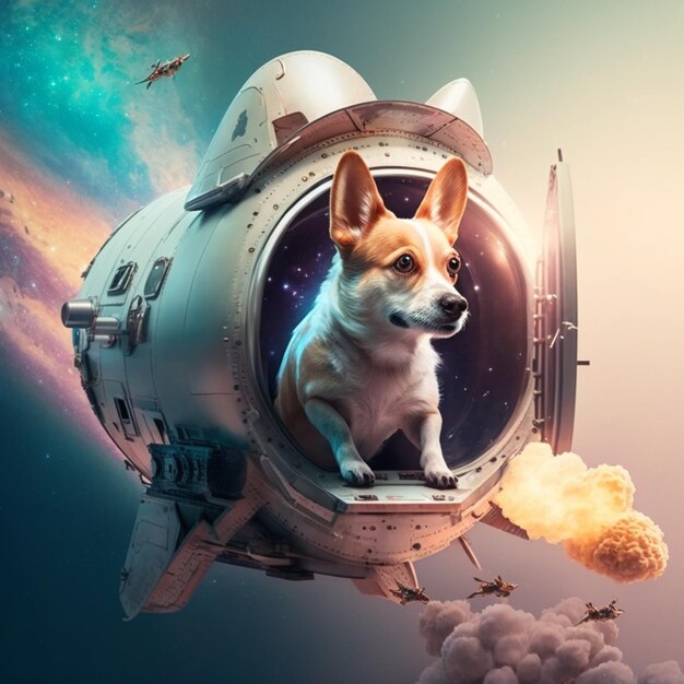 Foto perro arrafado en un traje espacial con un transbordador espacial en el fondo generativo ai