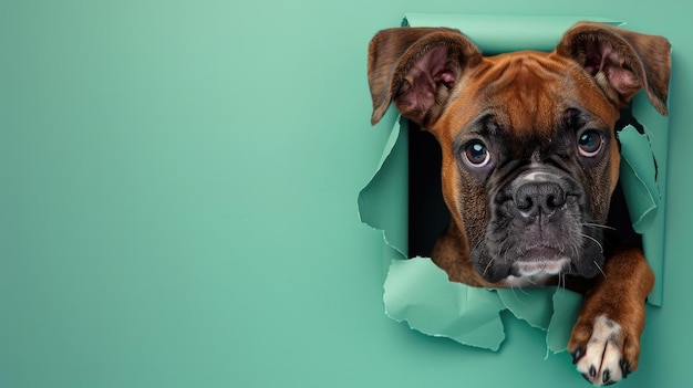 un perro asomando por un agujero en una pared verde