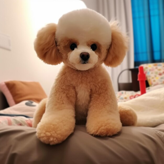 perro de aspecto áspero sentado en una cama con una almohada generativa ai