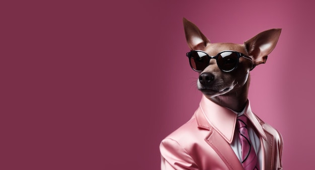 El perro de aspecto atractivo está vestido con una elegante chaqueta de vestir, camisa, corbata y tonos oscuros de gafas de sol. Amplia pancarta con espacio para copiar. Elegante animal posando. Foto de alta calidad.