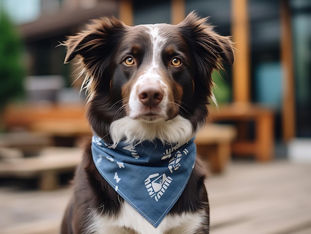 Perro atento marrón y blanco con una bandana en un entorno tranquilo al aire libre