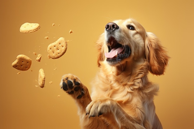 Foto perro atrapando una galleta generada por ia