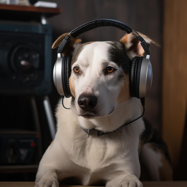 Perro en auriculares ai generativo.