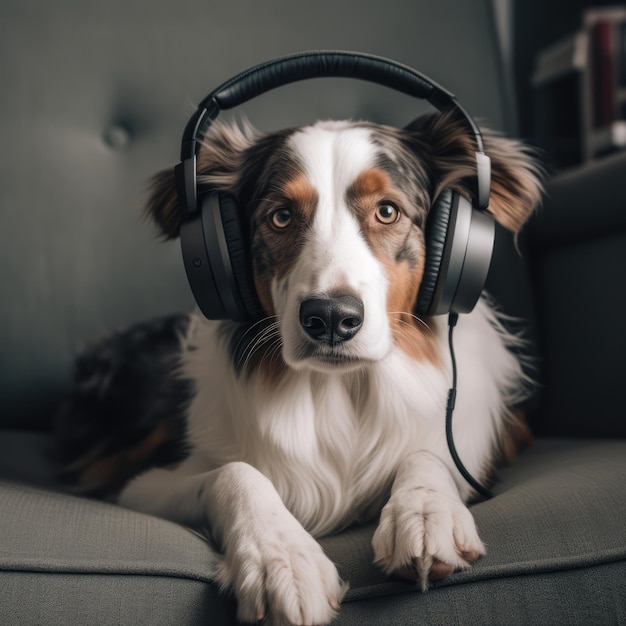 Perro en auriculares ai generativo.