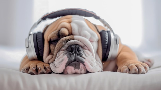 Perro con auriculares escucha música en la cama