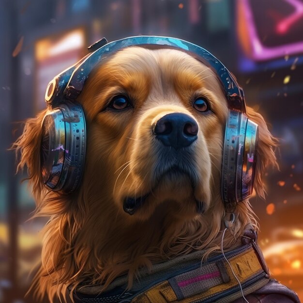 un perro con auriculares y un letrero que dice " el perro está usando auriculares "