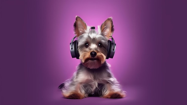 Un perro con auriculares puestos y un fondo morado.