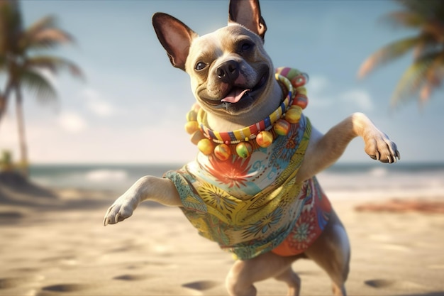 Perro bailando con un vestido en la fiesta de verano en la playa