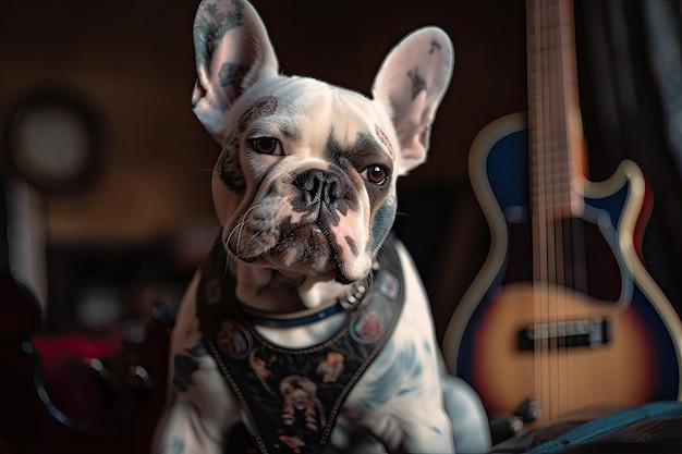 Perro balancín con rostro tatuado y perforado listo para destrozar en la guitarra creada con IA generativa