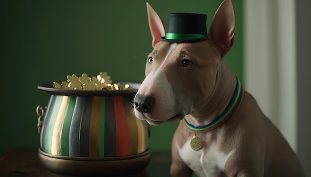 Un perro con un balde de palomitas de maíz al lado.