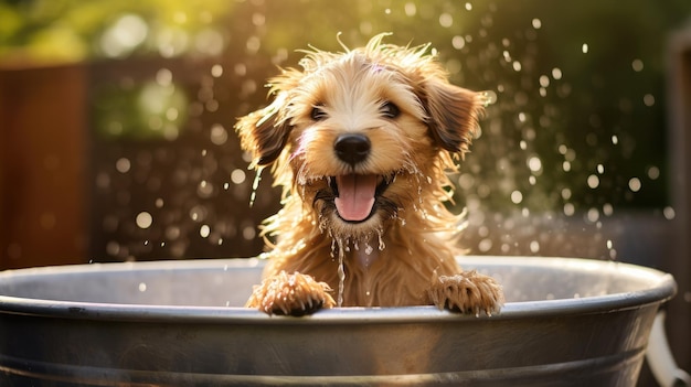 el perro se esta bañando