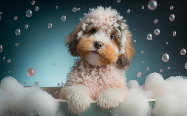 Un perro en una bañera con espuma