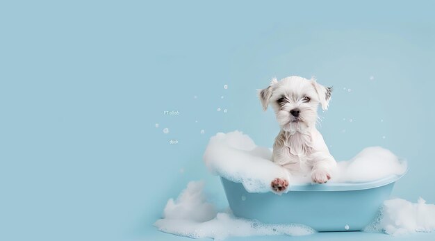un perro en una bañera que tiene burbujas en ella