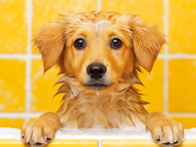 perro en un baño de espuma en un fondo de color