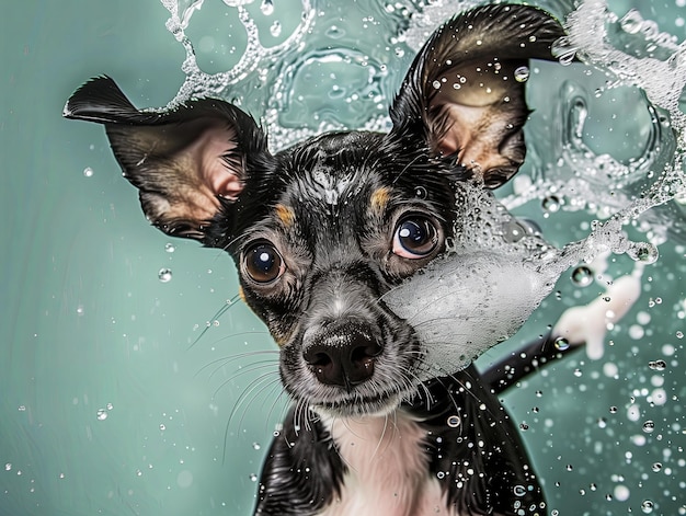 perro en un baño de espuma en un fondo de color