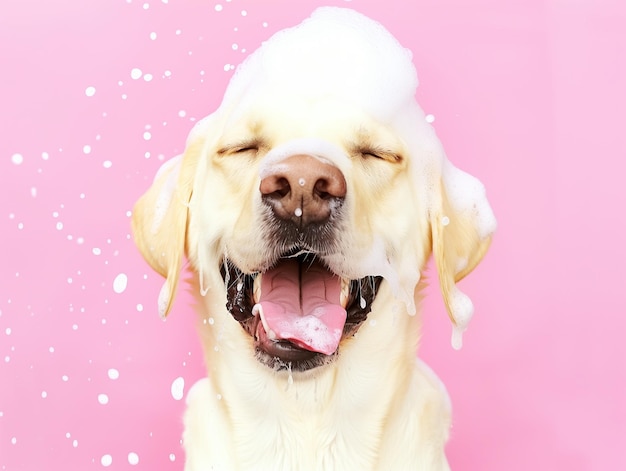 perro en un baño de espuma en un fondo de color