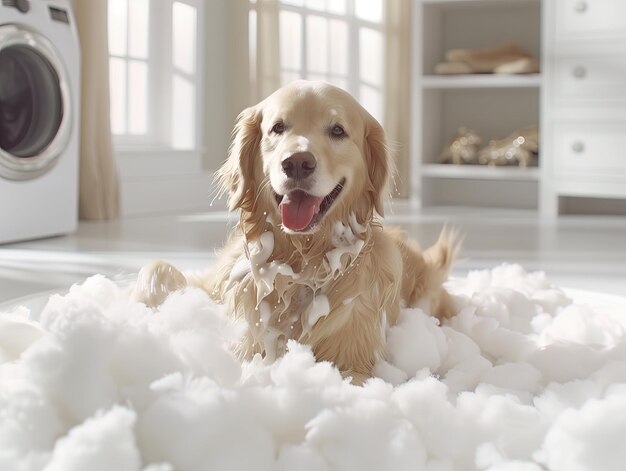 perro en un baño de espuma en un interior moderno