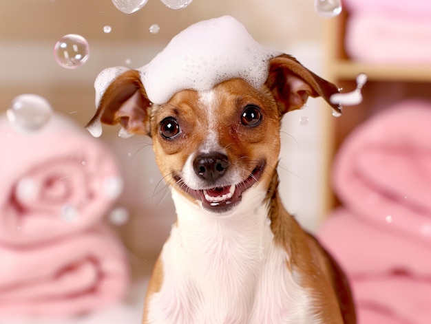 perro en un baño de espuma en un interior moderno