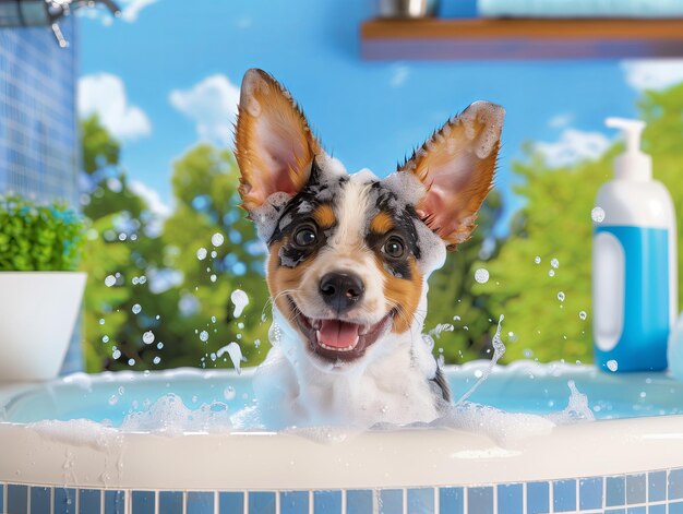 perro en un baño de espuma en un interior moderno