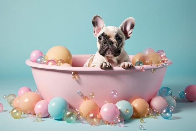 Un perro en un baño lleno de bolas de colores.