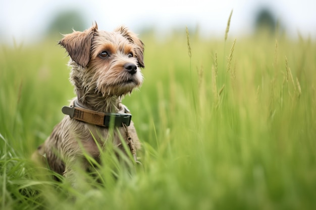 Perro de barro sentado en un campo de hierba verde
