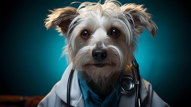 perro con bata de médico y estetoscopio