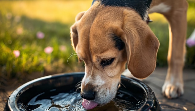 Foto perro beagle bebiendo agua de un cuenco