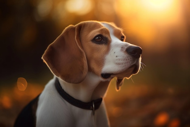 Un perro beagle con collar negro y collar negro se sienta en un campo.