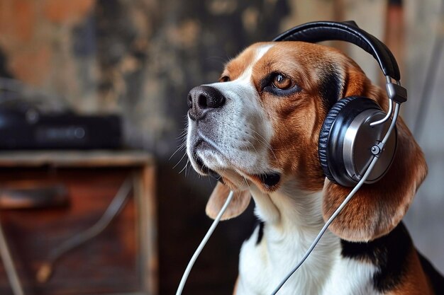 Foto el perro beagle escucha música en auriculares con cable