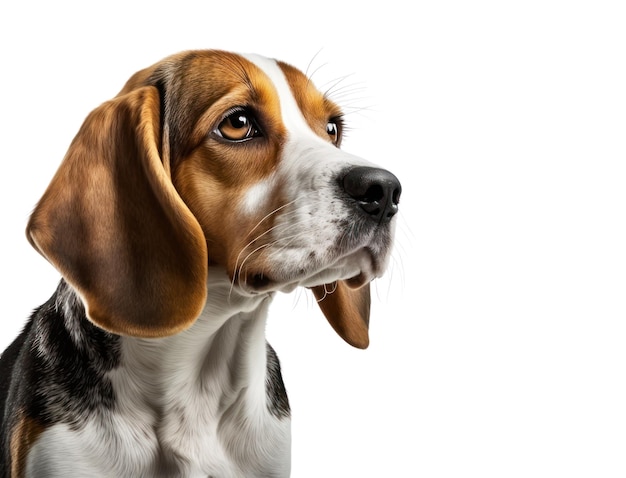 Un perro beagle con un fondo blanco.