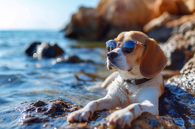 El perro beagle con gafas de sol yace en las rocas cerca del mar