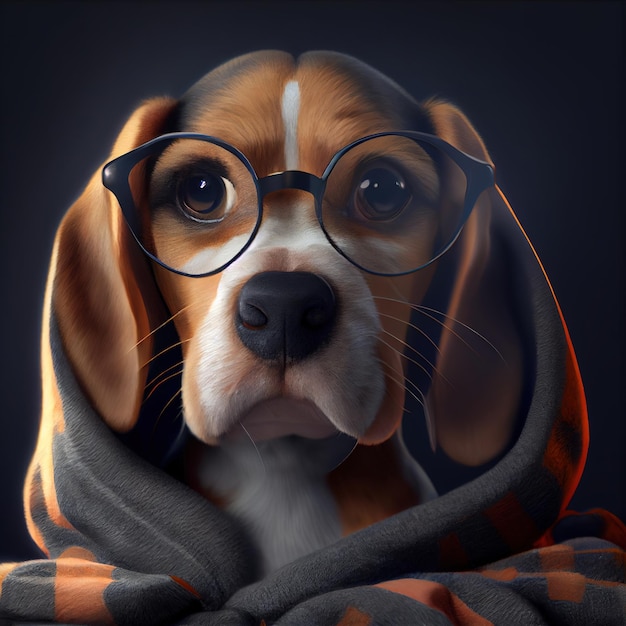 Perro beagle con gafas yace en la cama en casa IA generativa