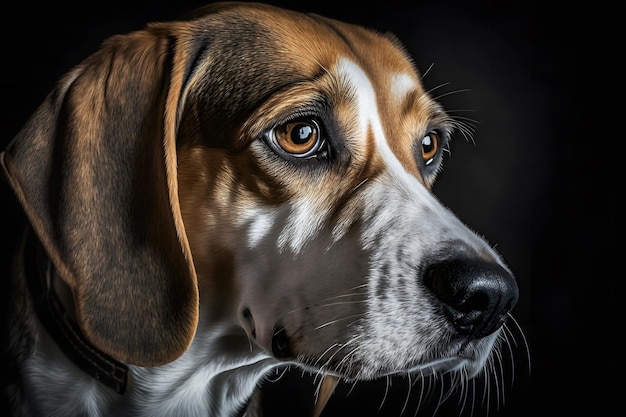 Perro beagle en retrato sobre fondo negro Red neuronal generada por IA