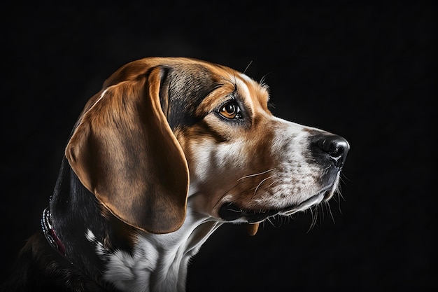 Perro beagle en retrato sobre fondo negro Red neuronal generada por IA