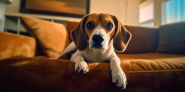 perro beagle sentado en el sofá marrón