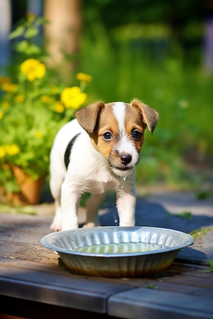 Foto perro bebiendo agua de un cuenco