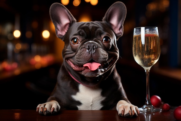 Foto perro bebiendo una copa de vino tinto en un restaurante