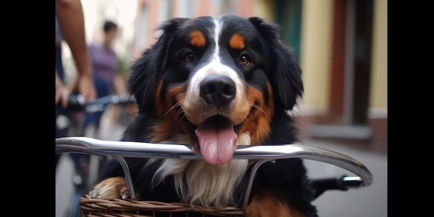 El perro Bernese Mountain Dog se divierte en bicicleta el día del sol por la mañana en verano en la calle de la ciudad