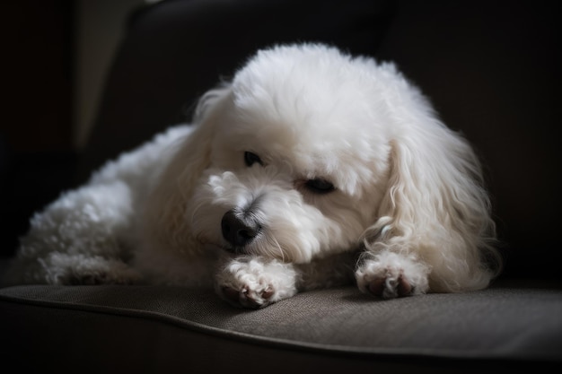 Perro bichon frise blanco acostado en el sofá en una habitación oscura Ai generado